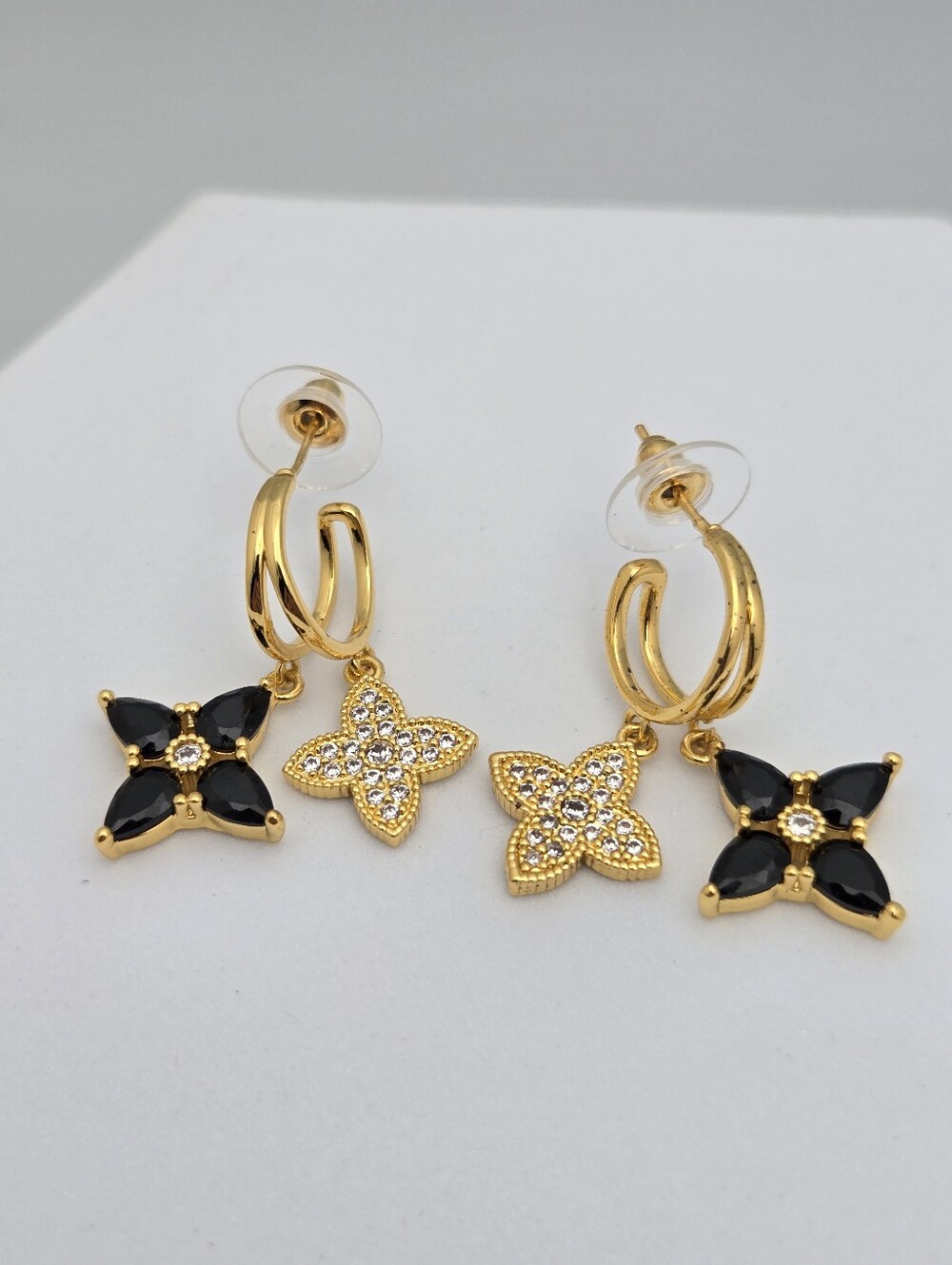 Gold Hoop Flower Drop Earrings Pavé Crystal & Black Enamel 925 Gold Plated 1.25"